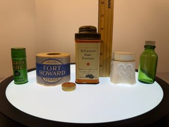 Lot of (6) Antique/vintage mid-20th-century pharmaceutical and household advertising items. Green Doan’s Pills metal medicine tin used for backache re