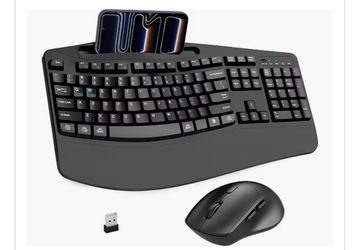 Wireless Keyboard and Mouse Combo, Full Size Ergonomic Wave Keys(Black) 2.4G Ergonomic Keyboard with Wrist Rest, Phone Holder, 3-Level DPI Silent Mous