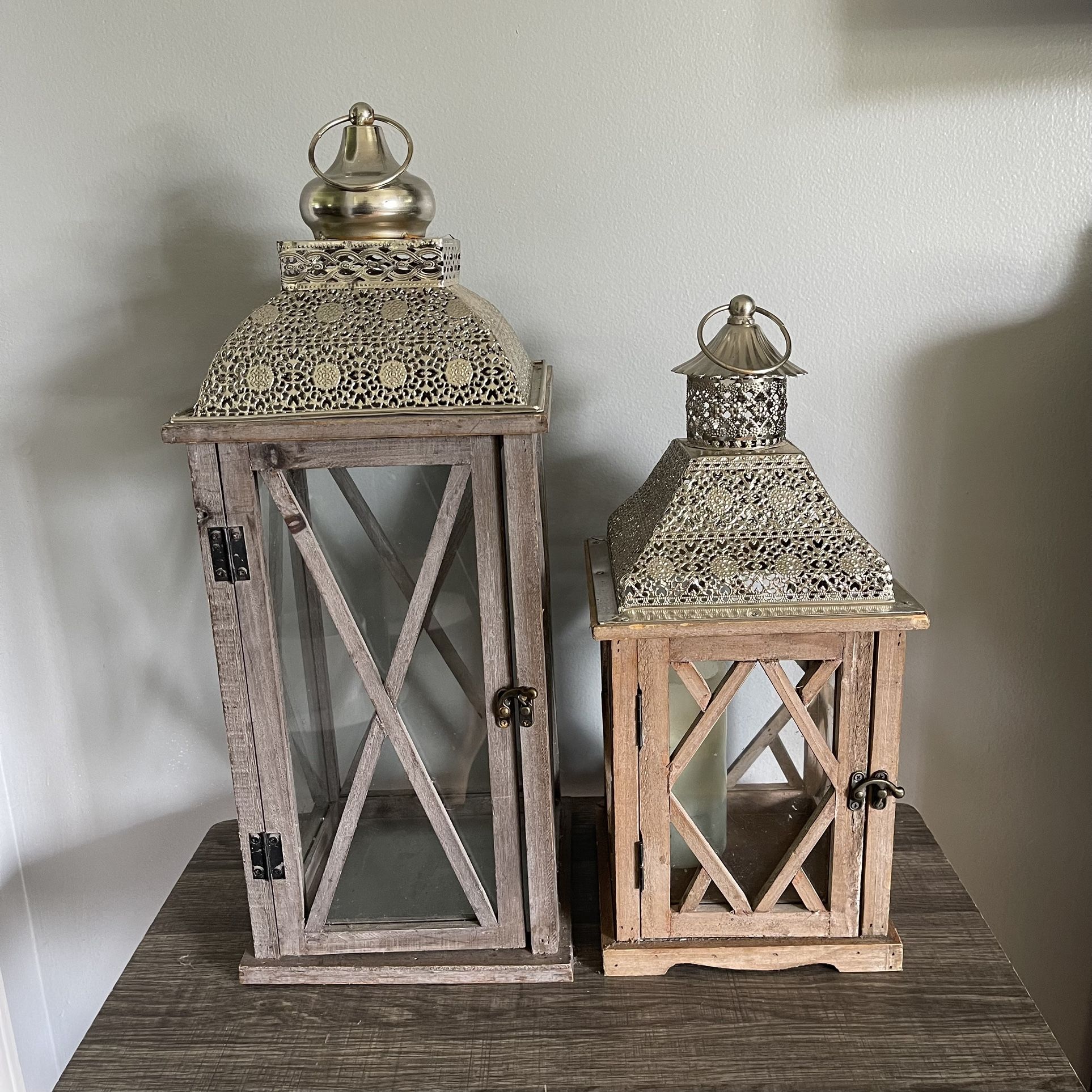 2 Farmhouse Rustic Wood and Metal Lanterns with Ring Handle 17” / 22”