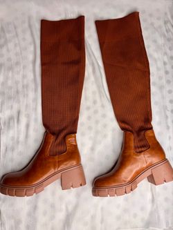 Size 8 Brown Knee-High Sock Boots with Lug Sole
