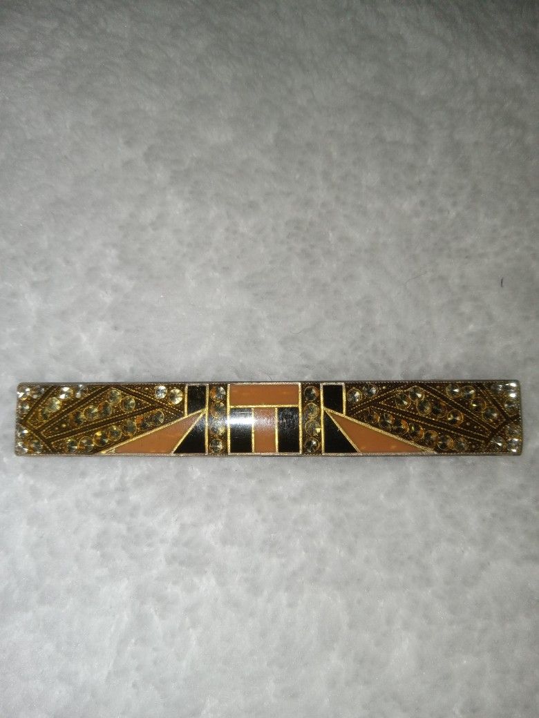 Vintage Pierre Bex Design Art Deco Style Brooch Gold Black Bar Pin