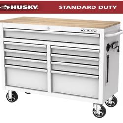 Husky Tool Storage 46 in. W x 18 in. D 9-Drawer Gloss White Mobile Workbench Cabinet