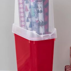 Sterilite 40 Inch Plastic Vertical Christmas Wrapping Paper Storage Container With Lid, Red