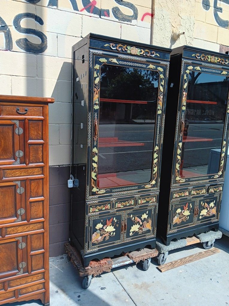 Lacquer Chinoiserie Display Cabinets Set Of 2