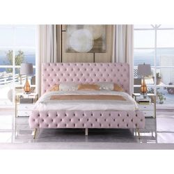 Pink Velvet Tufted Bed