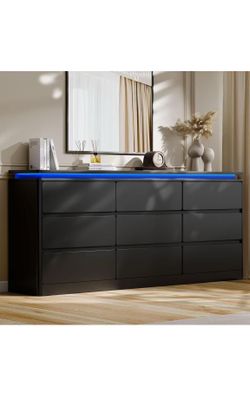 9 Drawer Dresser for Bedroom, 63" Long Black Chest of Drawers w/LED Lights