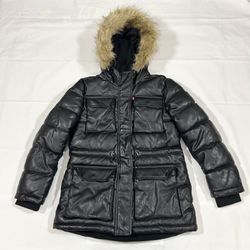 Levi’s Womens Medium Full Zip Faux Leather Fur Hooded Sherpa Lined Puffer Coat