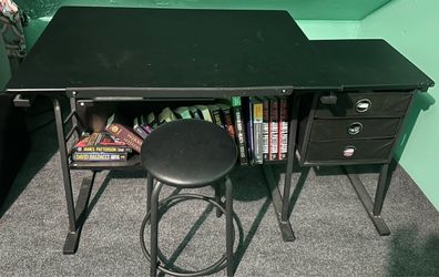 Black Drafting Table with Stool and Drawers