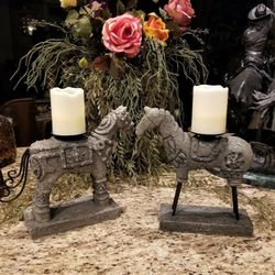 Beautiful Vintage Stone & Iron Horse Candle Holders 13" 