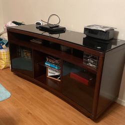 TV Stand Curved Dark Brown Wood With Tempered Glass