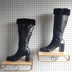Westies Chunky Heel Block Leather, Fur And Rivet Rhinestone Winter Boots Black Size 8.5