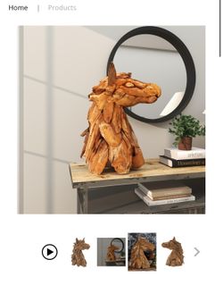 BROWN TEAK WOOD HORSE HANDMADE HEAD DECORATIVE SCULPTURE WITH LAYERED WOODCHIP PIECES, 10" X 18" X 24"