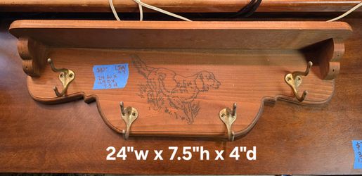 Wood wall coat rack with dog design
24"w x 7.5"h x 4"d