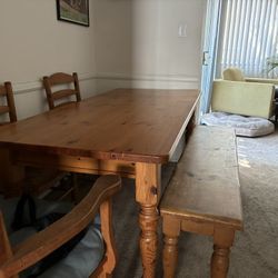 Wooden Dining Table With Bench And Chairs