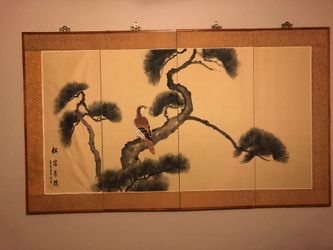 Large Vintage Signed Asian Screen - Silk