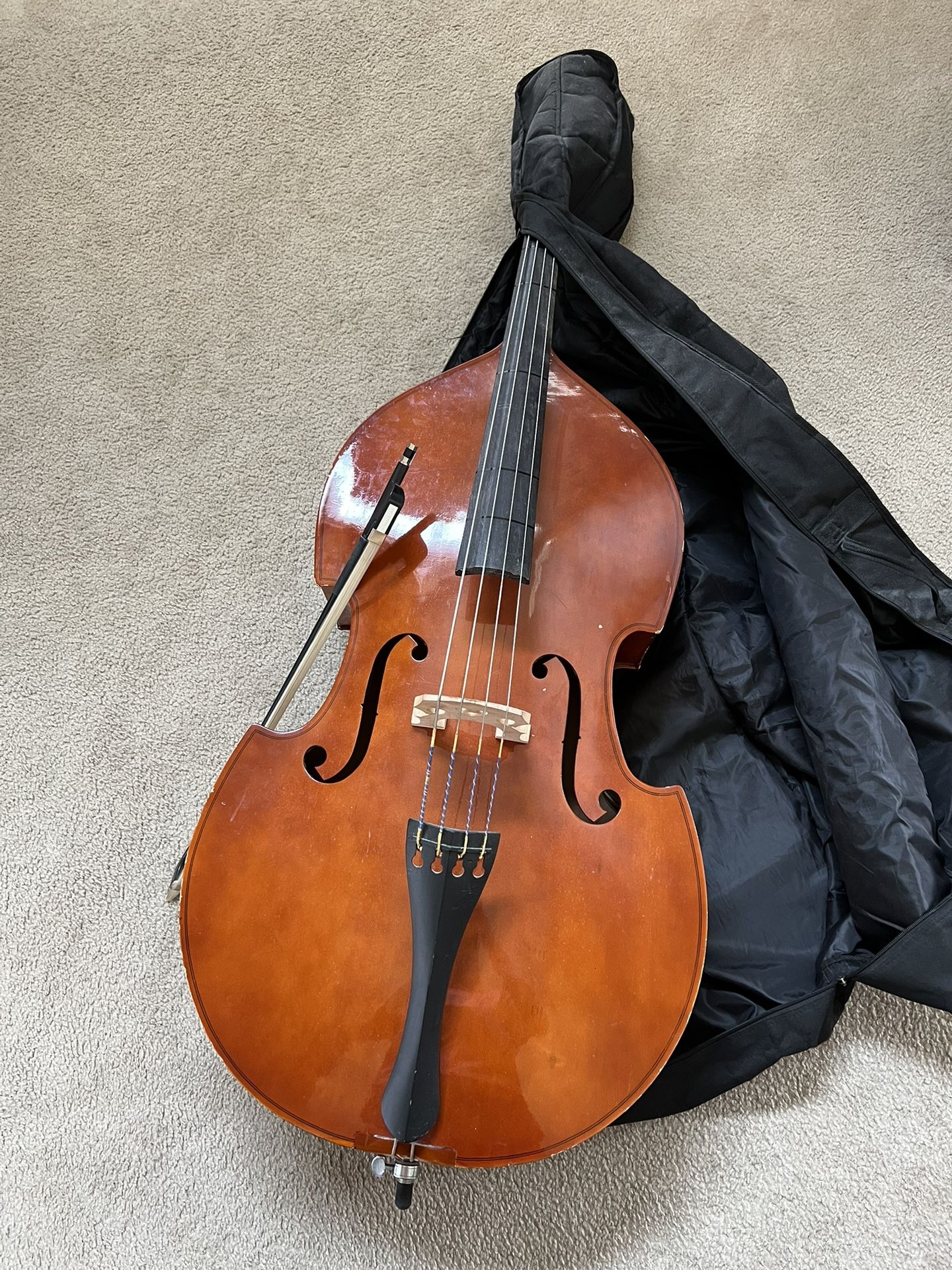 Merano 1/4 Size Natural Upright Double Bass w/Carrying Soft Bag & Bow