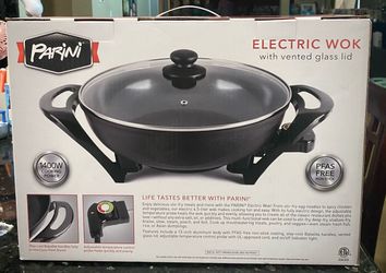 Parini 13 Inch Electric Wok Nonstick Stir Fry Pan with Glass Lid 1400W