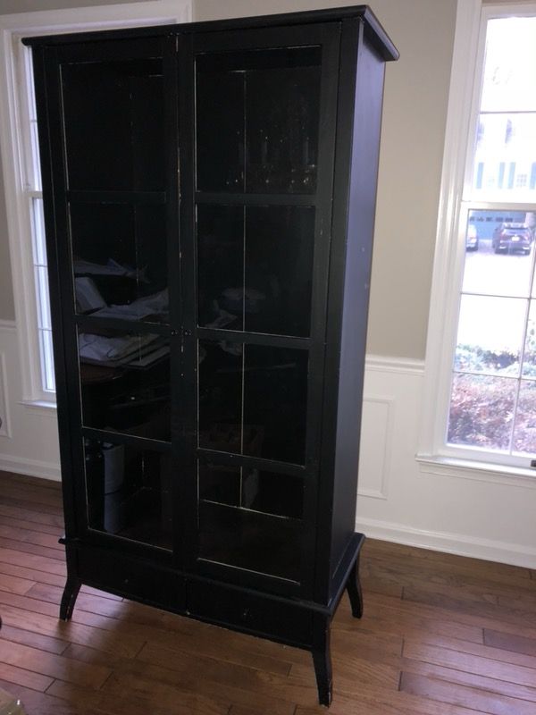 Black Wooden Cabinet with Glass Shelves