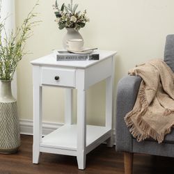 White Slim Single Drawer End Table White