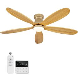 48 Inch Flush Mount Ceiling Fans with Lights and Remote, Modern Low Profile Wood Ceiling Fan with Light，Indoor Outdoor Ceiling Fans for Patio Office, 