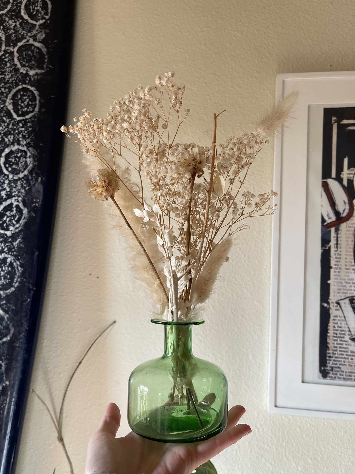 Anthropologie Green Glass Bud Vase And Some Dried Flowers 