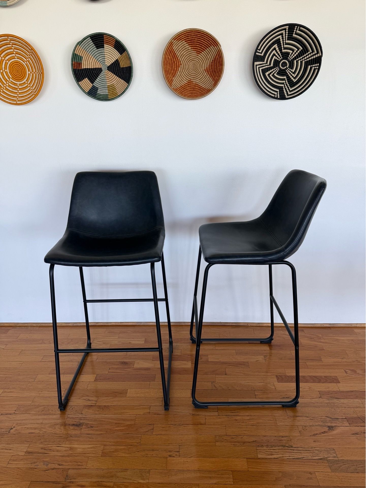 Set of 2 – WE Furniture 30" Blue-Black Faux Leather Bar Stools w/ Back & Footrest