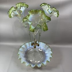 Antique Victorian Green Opalescent Glass Epergne Incomplete 15” Tall missing 2 horns, center one broke off and is stuck inside as shown