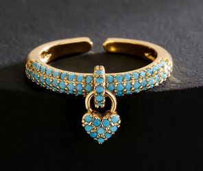 New beautiful Trendy Gold Color Heart Charm adjustable open ring turquoise blue - beautiful gift!