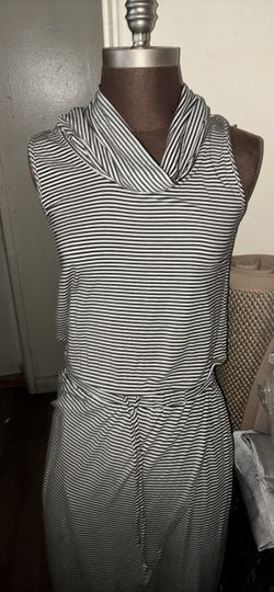 Black and White Striped Sleeveless Cowl Neck Dress