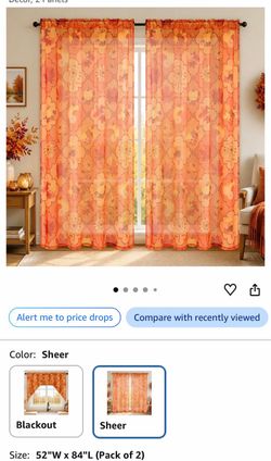 Sheer Orange Floral Curtain Panels, Set of 2