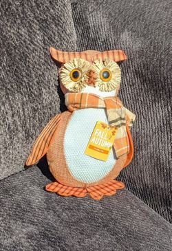 8.5" Plush Owl W/orange Buffalo Plaid Scarf Fall Autumn Holiday