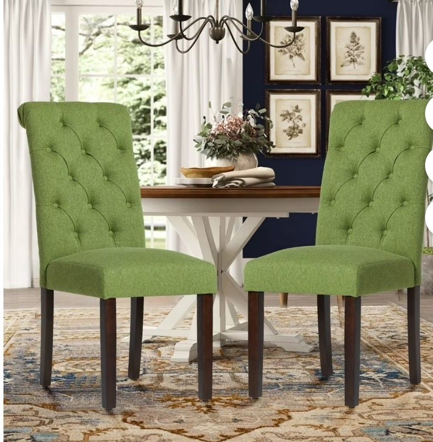 Set Of 2, COLAMY Tufted Fabric High Back Dining Chair, Rolled Back Kitchen Chair, Green