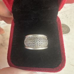 Beautiful 925 Sterling Silver Wide Band Ring With Marcacite Stones, Size 6.25 , Marked CNA925,  Tapered Back See Photos