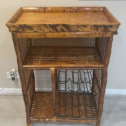 Vintage Burnt Bamboo Rattan Reed Bar Cart MCM Liquor Drink Hollywood Regency