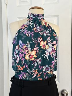 Express mock neck tank top with green floral print