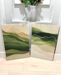 New Large Abstract Minimalist Green Waves Wall Art Set of 2 Watercolor Sage Green Beige 23”x35” Each