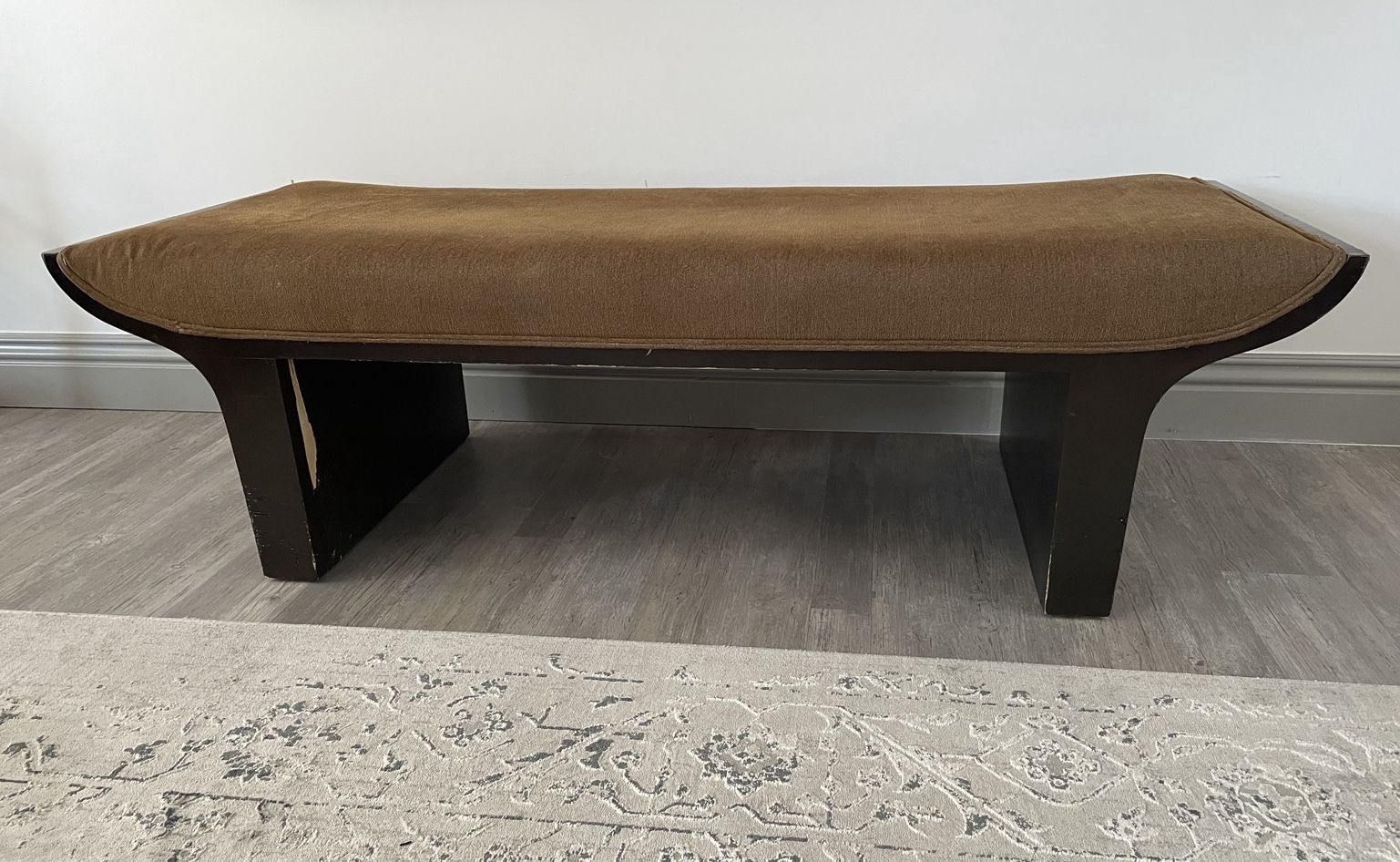 Modern Bench Dark Wood Base With Brown Fabric Cushion