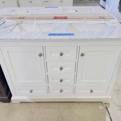 48 in. W x 22 in. D in White Double Bath Vanity with Carrara Marble Top $649 