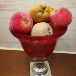 Vintage Red Glass Silver Plated Fruit Bowl With Icey Beaded Artificial Fruit.