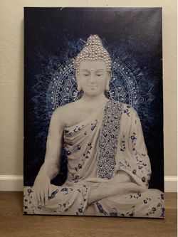 Large Textured Buddha Canvas – Blue/White Home Decor