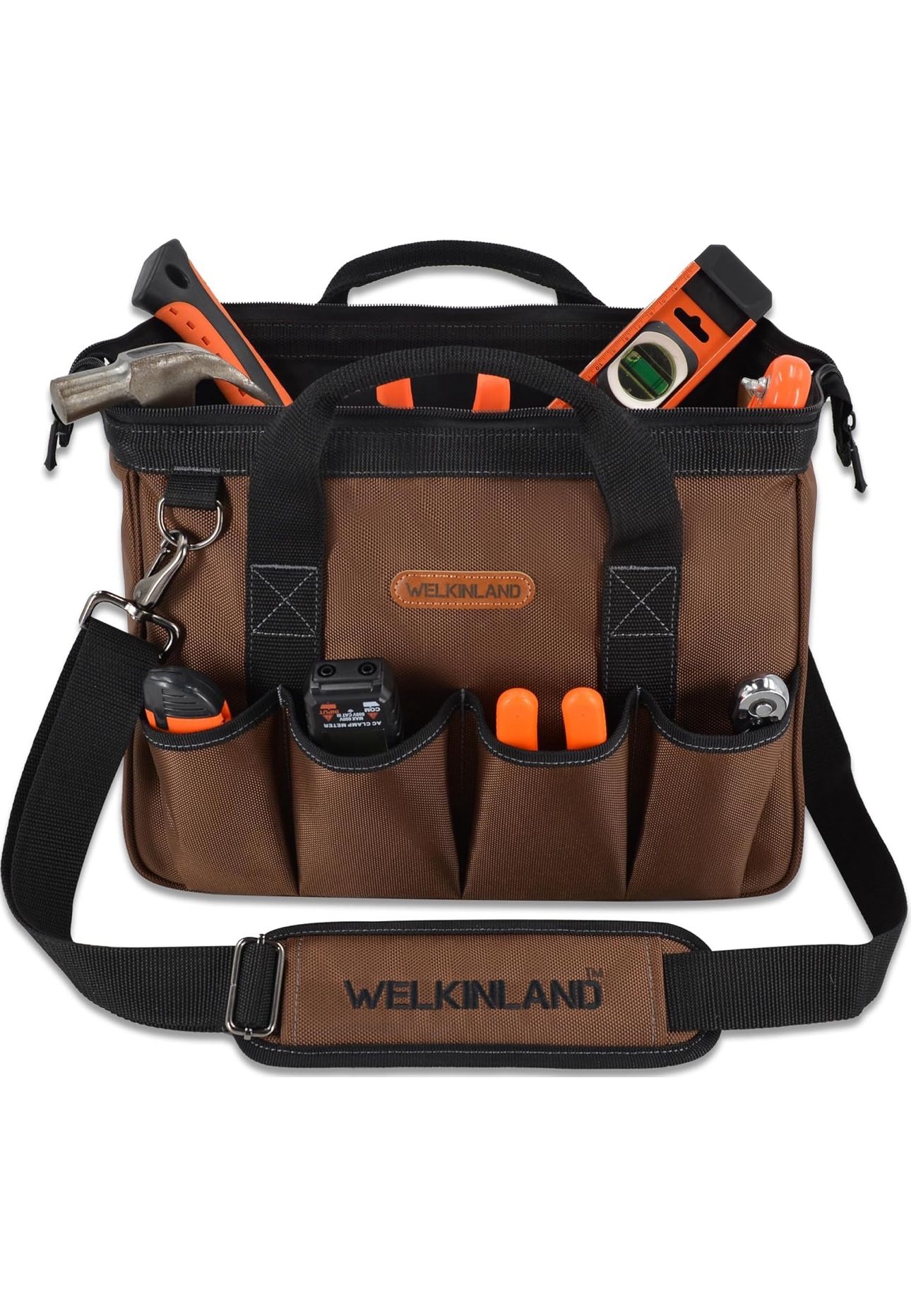 WELKINLAND 17-Pockets Electrician Tool Bag, 14" Portable tool bag, Brown heavy-duty tools bags for men, Mechanics tools bag with shoulder strap