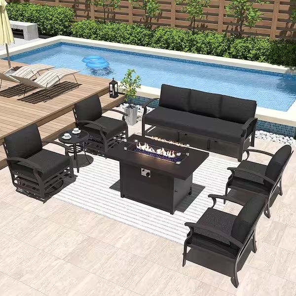 6-Pc - Black Cushion Outdoor Metal Patio Sectional Set w/ Fire Pit Table [NEW] **Retails for $1300+**  <Assembly Required> 