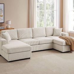 120" U-Shaped Ivory Corduroy Sectional Sofa $449