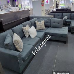 
✅️"2 pc Grey color  like velvet fabric sectional sofa with chaise and nail head trim"✅️