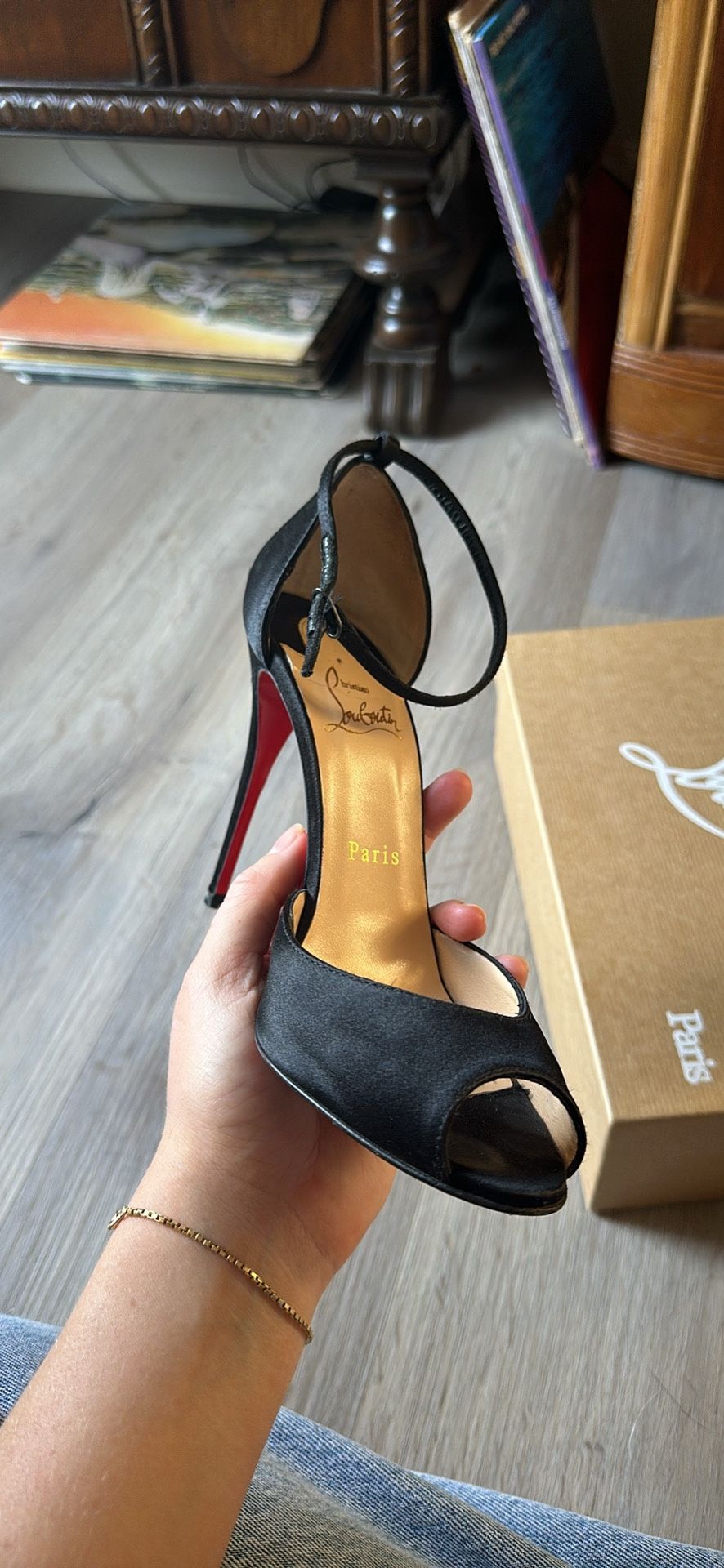 Black Satin Peep Toe Christian Louboutin Heels Size 38