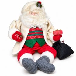 Vintage Christmas Santa Claus Doll 19” Seated Plush Figure White Coat Gift Bag