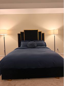 Art Deco Dark Velvet Queen Bed with Gold Trim