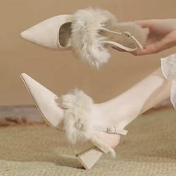 Women'S Furry High Heel Shoes With Thick Heels, Autumn/Winter Fashionable Outdoors Shoes With Toe Cap, Black