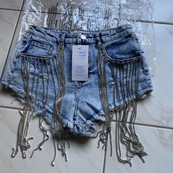 NEW - Denim Shorts High Waisted Ripped Rhinestone Pearl Beaded Fringe Tassels Frayed Raw Hem Blue Jean Shorts