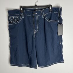 True Religion Big T Ricky Board Shorts Mens 38 Dress Blue Relaxed Straight NWT